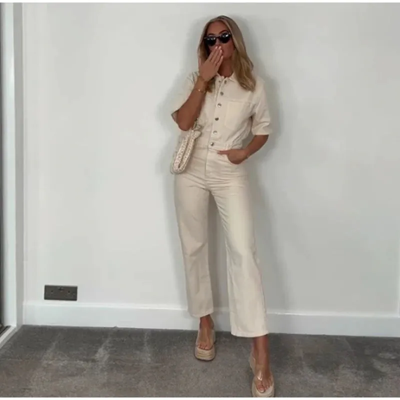 ADVBRIDGE  -  Vintage Denim Jumpsuits Women Slim Laple Zipper Short Sleeve Pockets Belt Female Bodysuit 2025 Summer Fashion Lady Streetwears