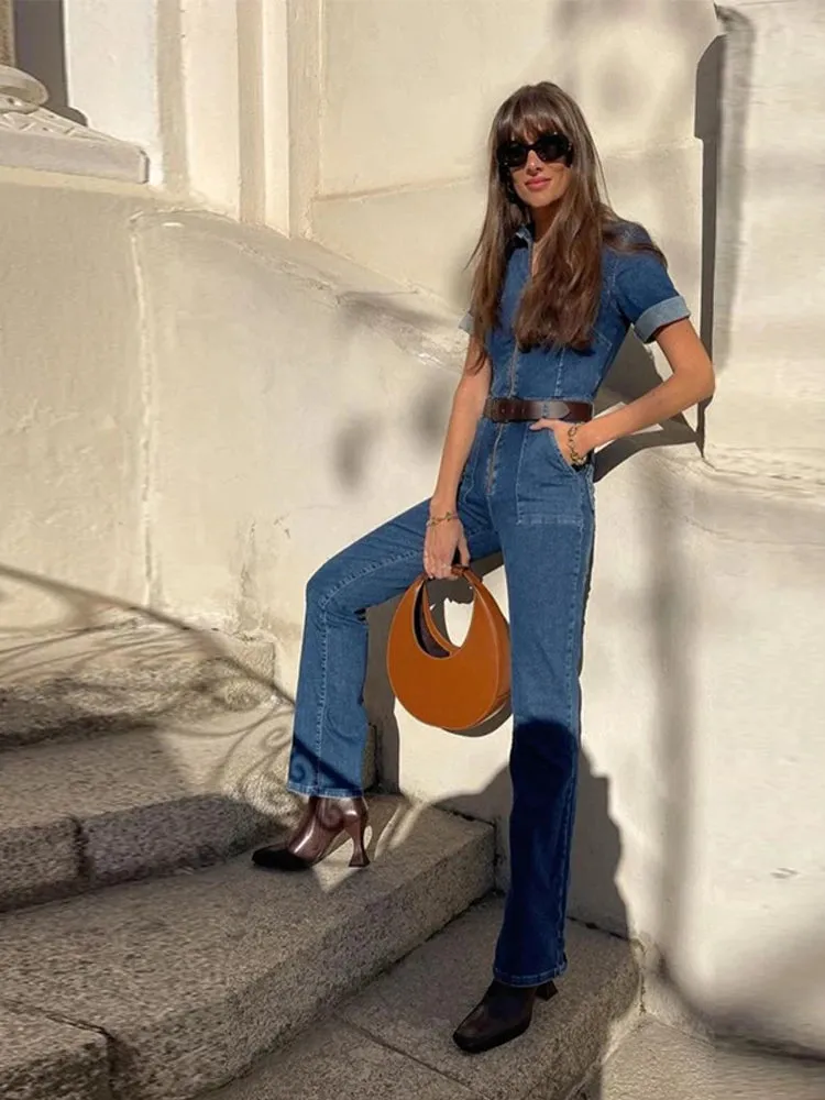 ADVBRIDGE  -  Vintage Denim Jumpsuits Women Slim Laple Zipper Short Sleeve Pockets Belt Female Bodysuit 2025 Summer Fashion Lady Streetwears