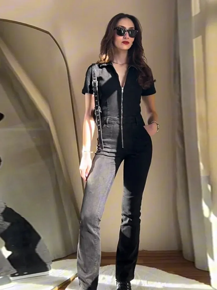 ADVBRIDGE  -  Vintage Denim Jumpsuits Women Slim Laple Zipper Short Sleeve Pockets Belt Female Bodysuit 2025 Summer Fashion Lady Streetwears