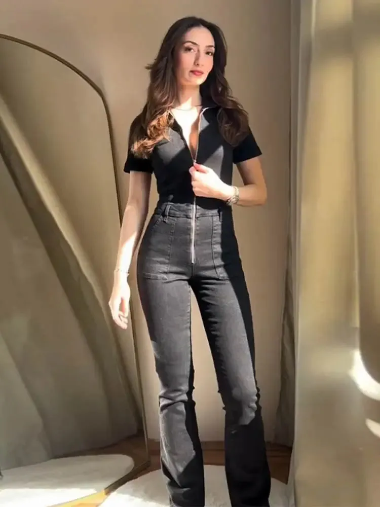 ADVBRIDGE  -  Vintage Denim Jumpsuits Women Slim Laple Zipper Short Sleeve Pockets Belt Female Bodysuit 2025 Summer Fashion Lady Streetwears