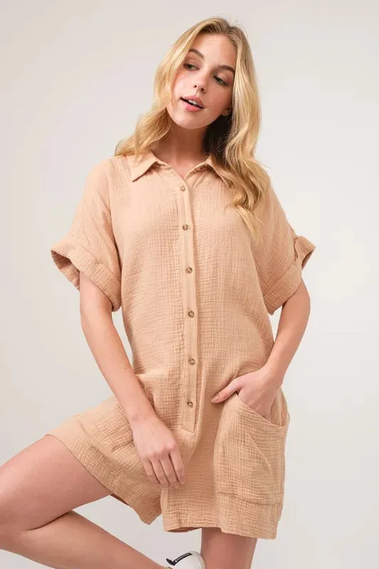 And The Why Washed Gauze Roll-up Sleeve Comfort Utility Romper