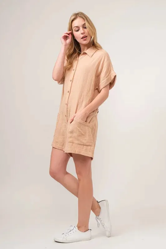And The Why Washed Gauze Roll-up Sleeve Comfort Utility Romper