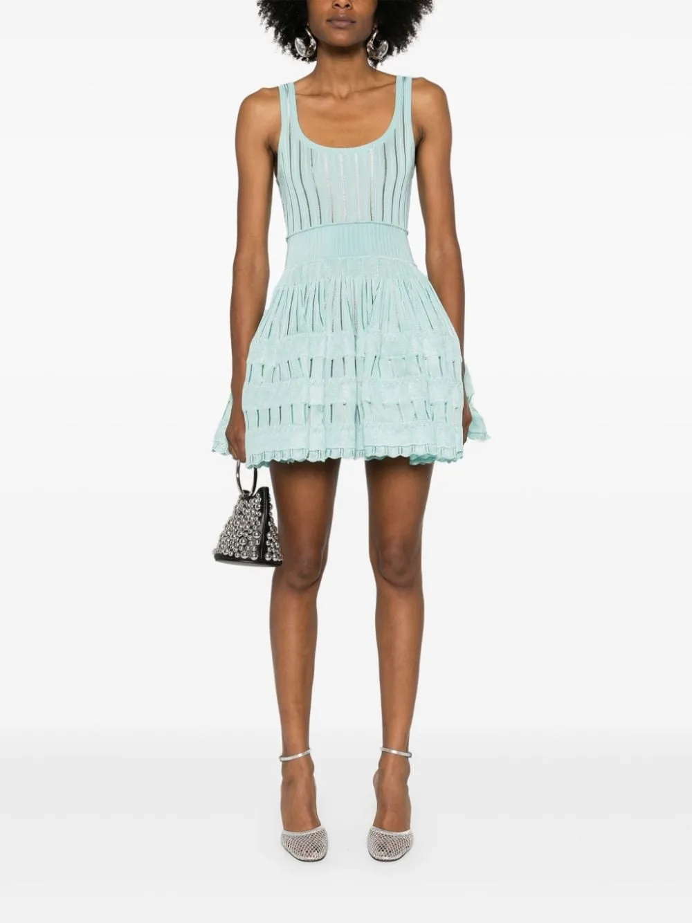 Archetypes ribbed pointelle-knit mini dress in green