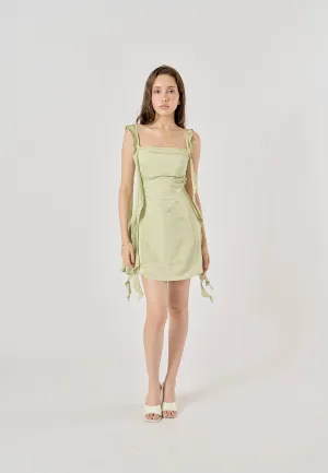 Artemis Sage Green Holiday Style Ruffled Ribbon A-Line Mini Dress