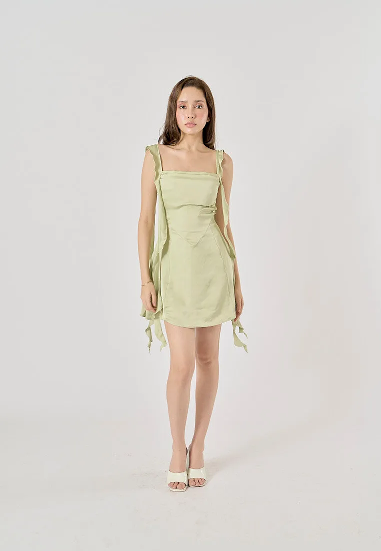 Artemis Sage Green Holiday Style Ruffled Ribbon A-Line Mini Dress