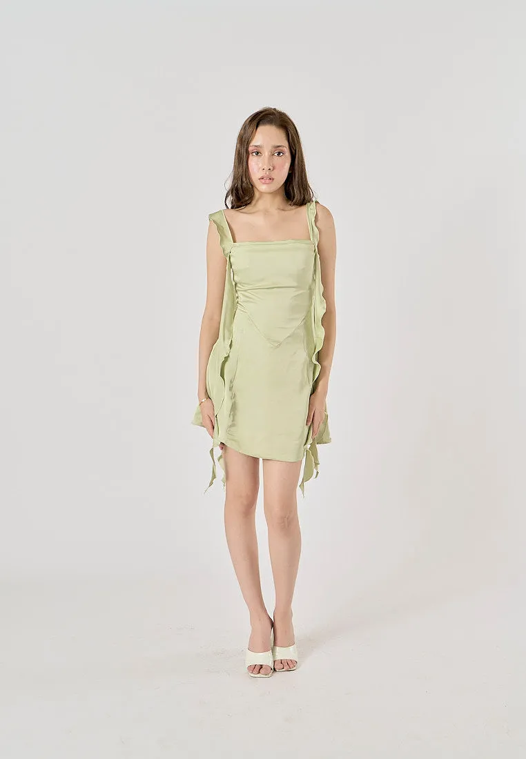 Artemis Sage Green Holiday Style Ruffled Ribbon A-Line Mini Dress