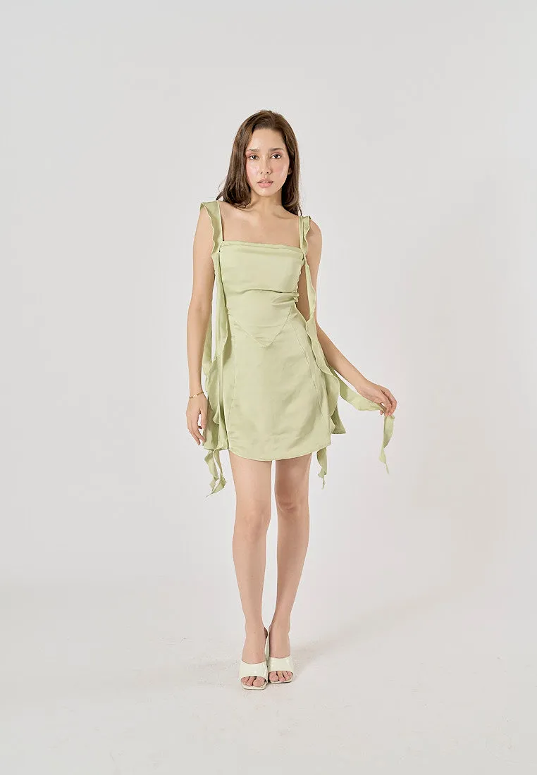 Artemis Sage Green Holiday Style Ruffled Ribbon A-Line Mini Dress