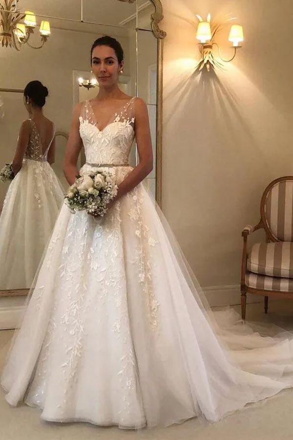 Backless Rustic V-Neck Lace Wedding Dresses Wedding Dress, MW287