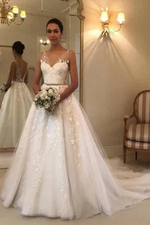 Backless Rustic V-Neck Lace Wedding Dresses Wedding Dress, MW287