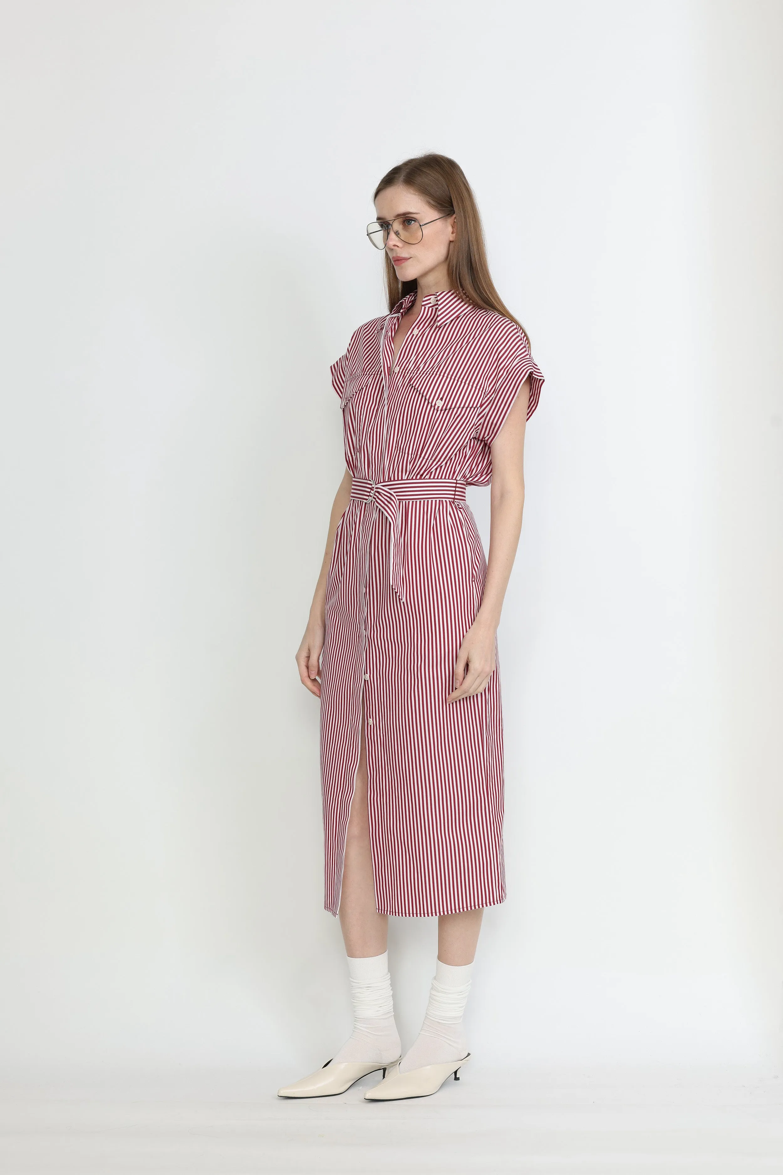 Ballarat Dress - Utility shirt dress in pink stripe