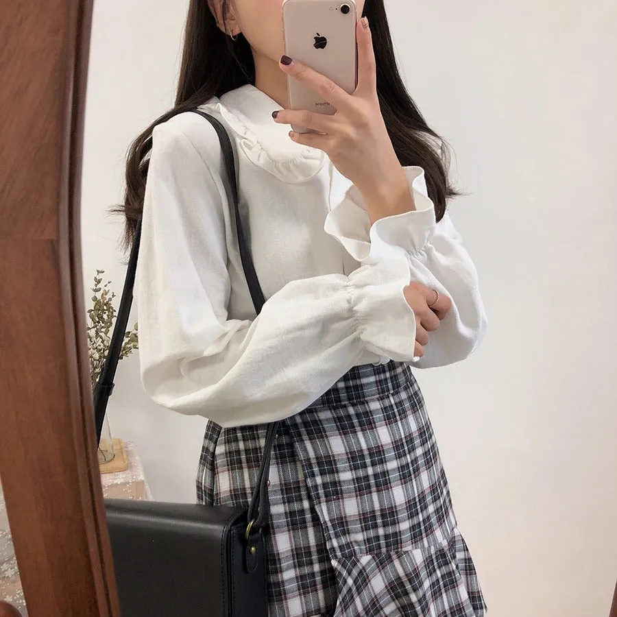 Basic Shirts Blouses Women Fashion Design Korean Preppy Style Flare Sleeve Peter Pan Collar White Button Shirt