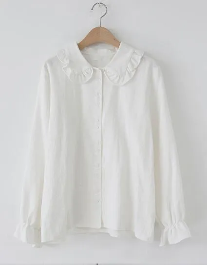 Basic Shirts Blouses Women Fashion Design Korean Preppy Style Flare Sleeve Peter Pan Collar White Button Shirt