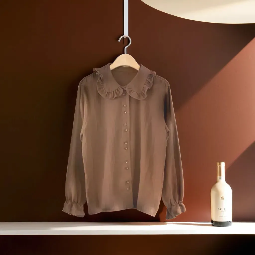 Basic Shirts Blouses Women Fashion Design Korean Preppy Style Flare Sleeve Peter Pan Collar White Button Shirt