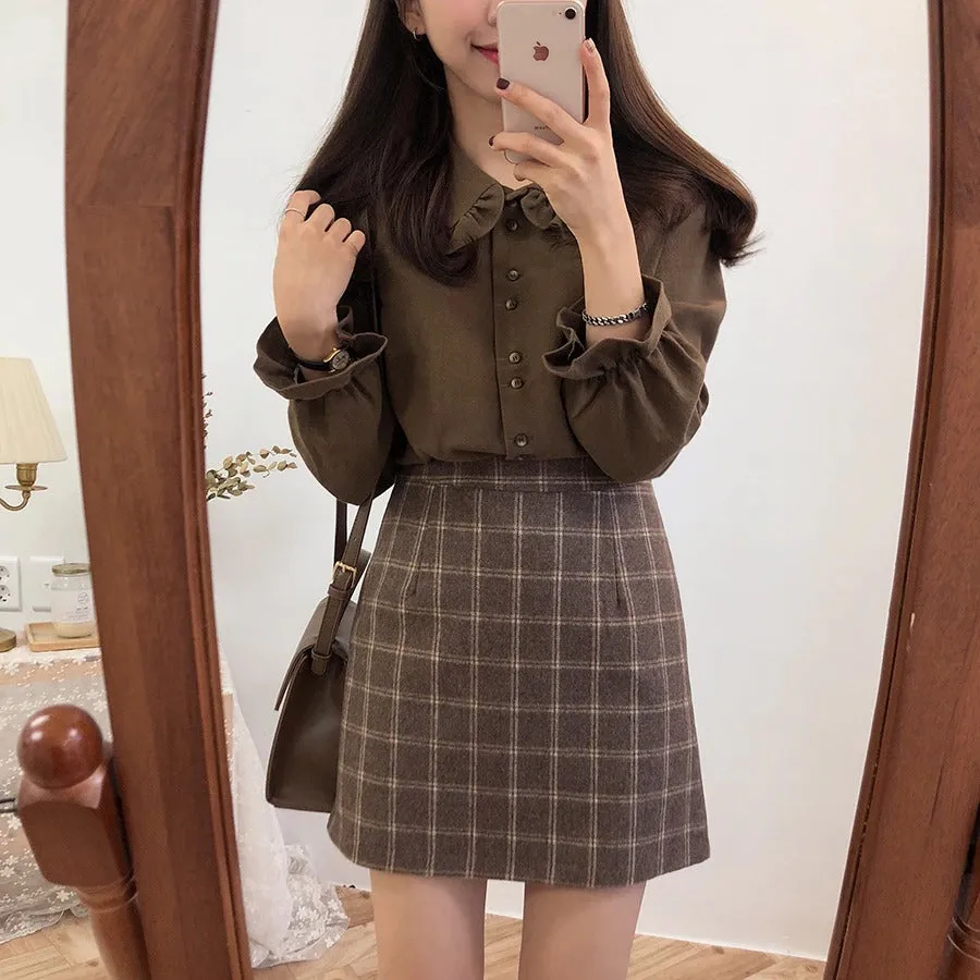 Basic Shirts Blouses Women Fashion Design Korean Preppy Style Flare Sleeve Peter Pan Collar White Button Shirt