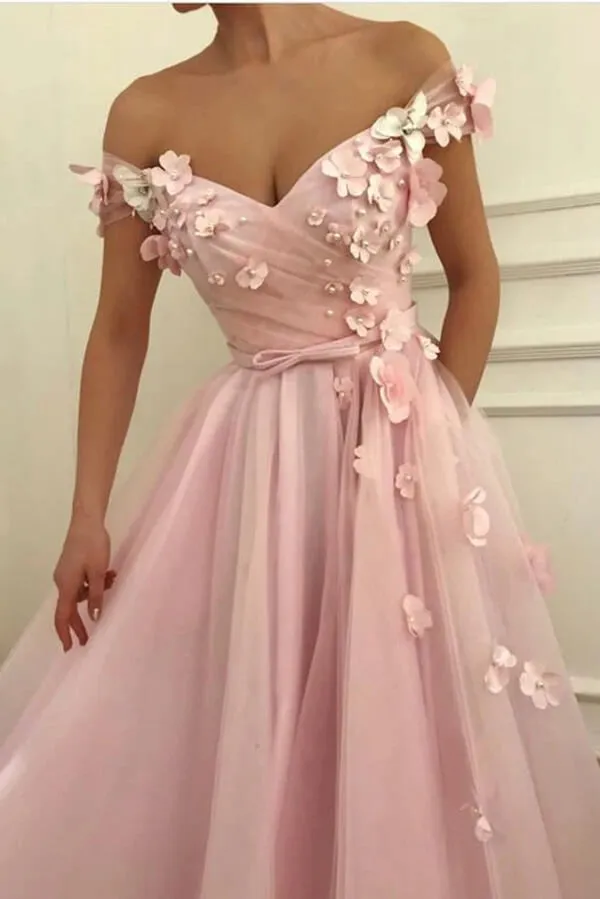 Beautiful Tulle A-line Off-the-Shoulder Long Prom Dresses With 3D Flowers, MP651