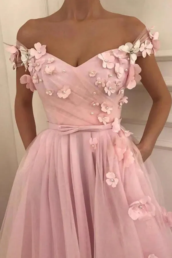 Beautiful Tulle A-line Off-the-Shoulder Long Prom Dresses With 3D Flowers, MP651
