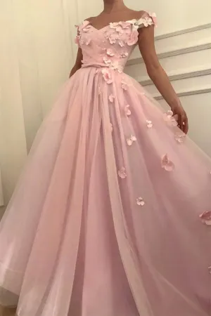 Beautiful Tulle A-line Off-the-Shoulder Long Prom Dresses With 3D Flowers, MP651