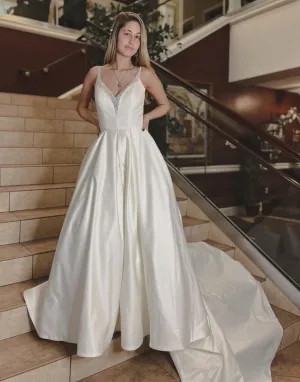 Birdie | Noble A-line V-Neck Chapel Train Satin Wedding Dress With Beading