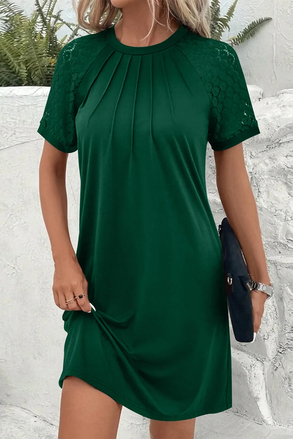 Black Contrast Lace Raglan Sleeve Pleated Detail Shift Dress