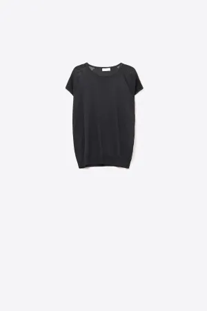 Black Ribbed Short Sleeve Sweater with knitted mesh on the shoulder