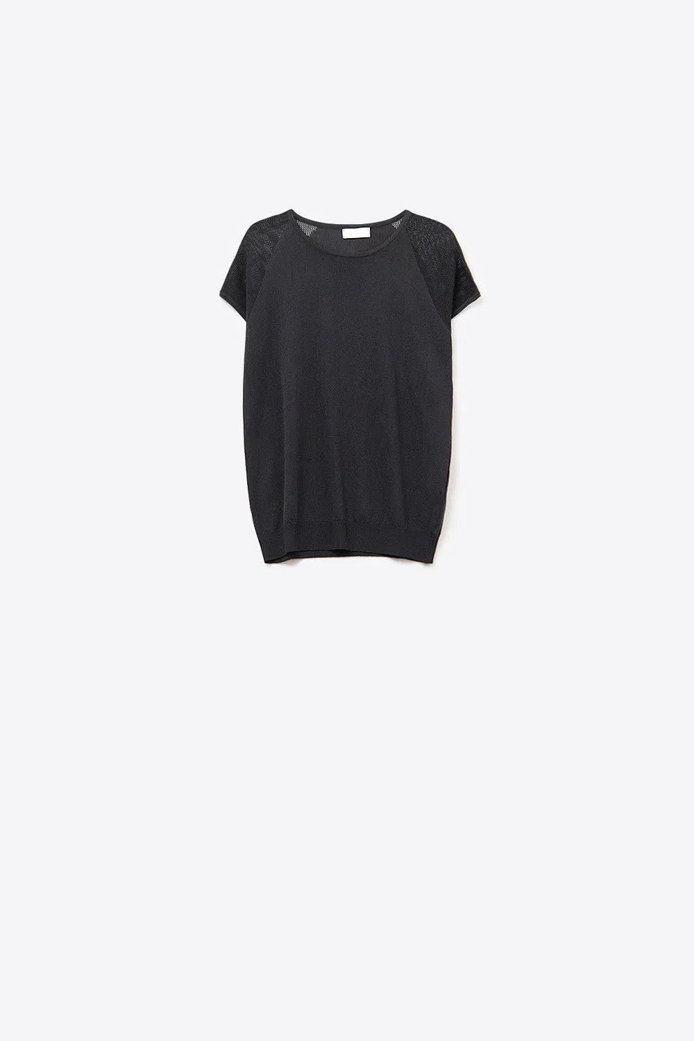 Black Ribbed Short Sleeve Sweater with knitted mesh on the shoulder