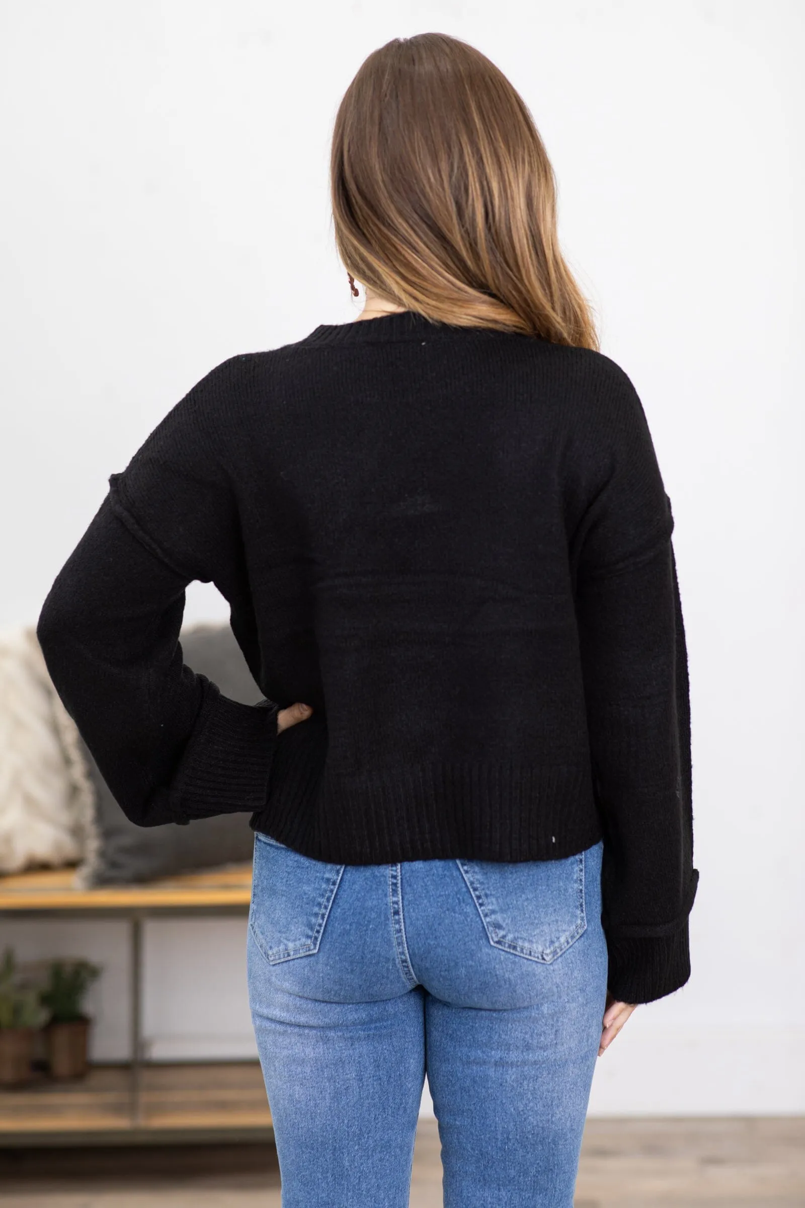 Black Ribbed Trim Crew Neck Sweater