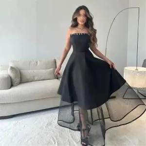 Black Saudi Arabic Organza Evening Dresses Strapless Crystal Formal Women Prom Gowns Special Occasion Dresses