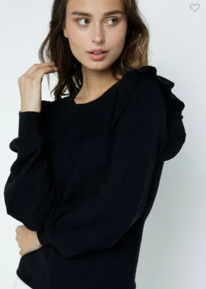 Black Shoulder Ruffle Crew Neck Sweater