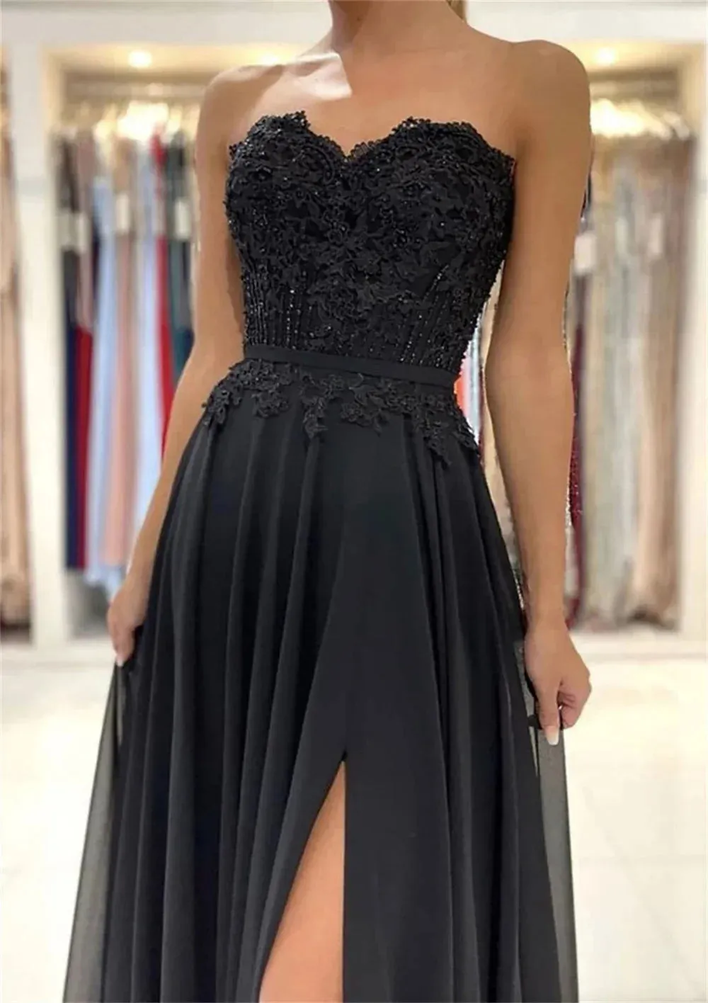 Black Tulle Prom Dresses Strapless A-line Wedding Dress Elegant Sleeveless Sexy Side High Split Vestidos De Fiesta