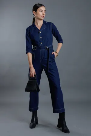 Blue Denim Flap Collar Jumpsuit