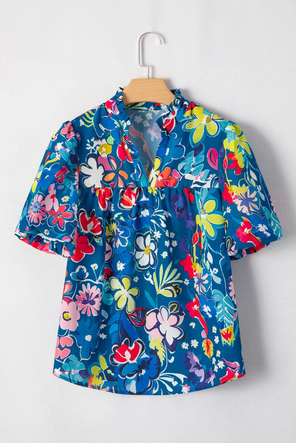 Blue Flower Print Collared V Neck Puff Short Sleeve Loose Blouse