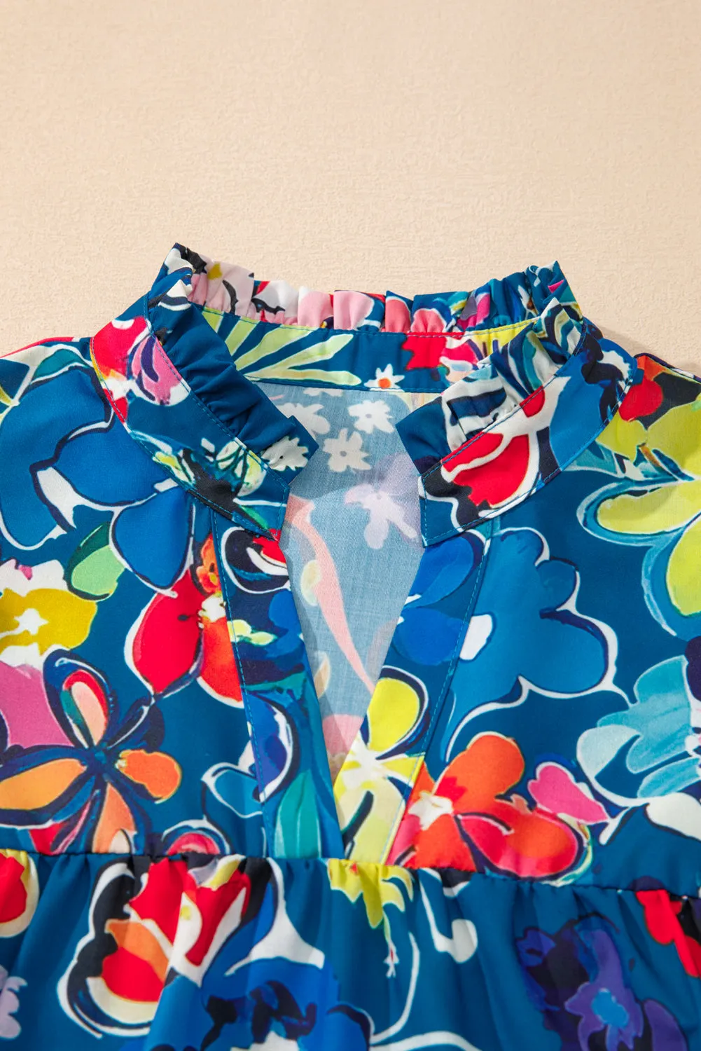 Blue Flower Print Collared V Neck Puff Short Sleeve Loose Blouse