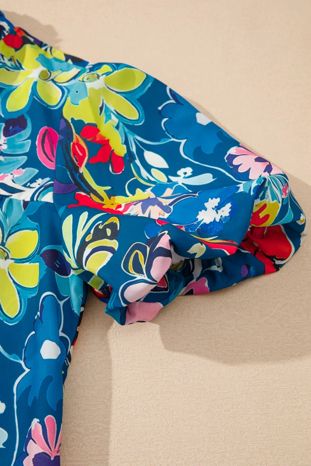 Blue Flower Print Collared V Neck Puff Short Sleeve Loose Blouse