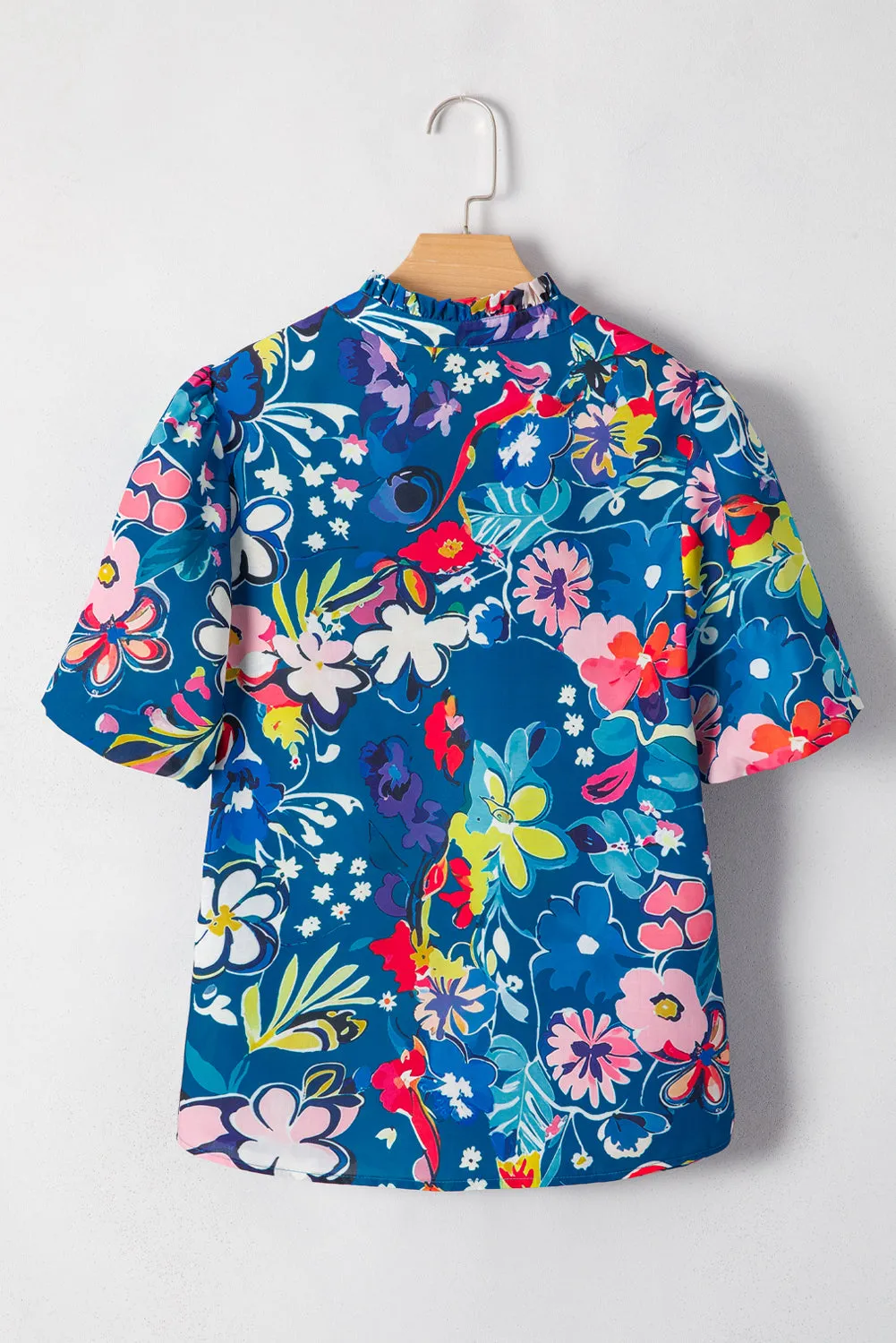 Blue Flower Print Collared V Neck Puff Short Sleeve Loose Blouse