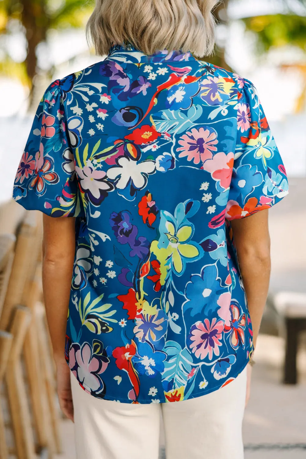 Blue Flower Print Collared V Neck Puff Short Sleeve Loose Blouse
