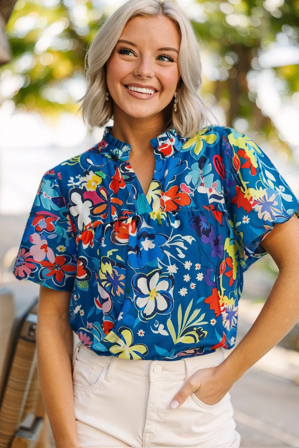 Blue Flower Print Collared V Neck Puff Short Sleeve Loose Blouse