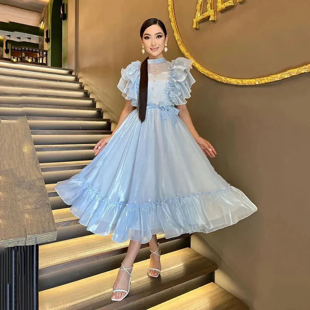 Blue Prom Dresses O Neck Puff Sleeves Ruched Button Homecoming Dresses Occasion Party Gown vestidos de graduación