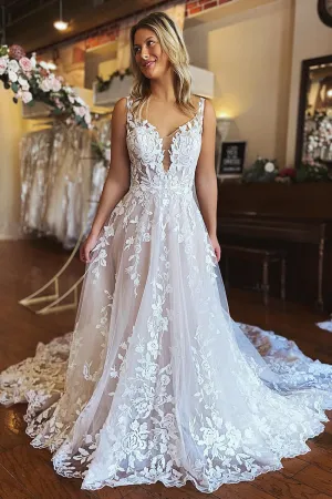 Bria | Ivory A-Line V-Neck Backless Long Lace Wedding Dress