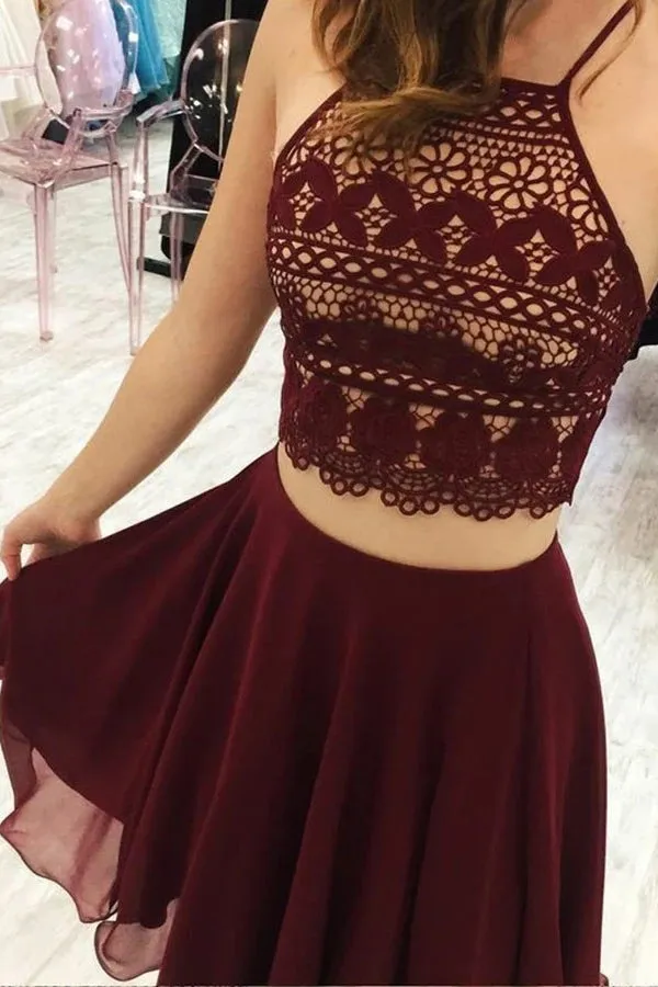 Burgundy Two Pieces A-Line Spaghetti Straps Sleeveless Homecoming Dresses, MH449