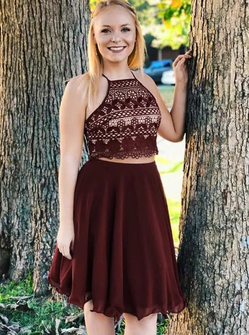 Burgundy Two Pieces A-Line Spaghetti Straps Sleeveless Homecoming Dresses, MH449