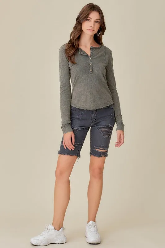 BUTTON UP FRONT RAW EDGE  HENLEY (Various Colors), Mustard Seed
