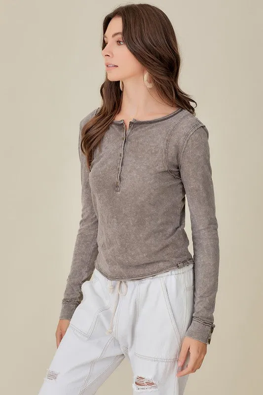 BUTTON UP FRONT RAW EDGE  HENLEY (Various Colors), Mustard Seed