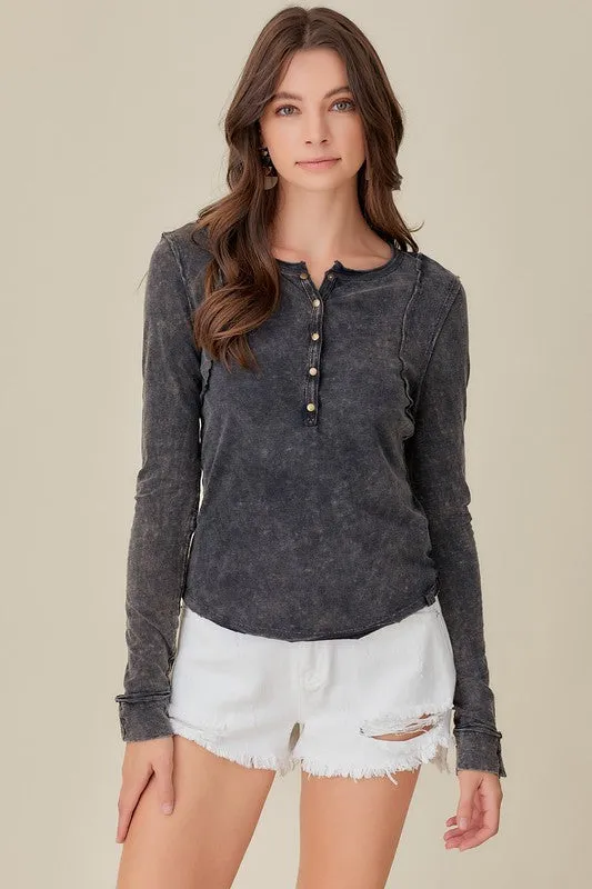 BUTTON UP FRONT RAW EDGE  HENLEY (Various Colors), Mustard Seed