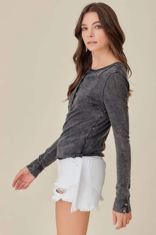 BUTTON UP FRONT RAW EDGE  HENLEY (Various Colors), Mustard Seed