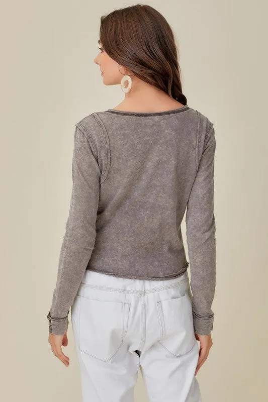 BUTTON UP FRONT RAW EDGE  HENLEY (Various Colors), Mustard Seed