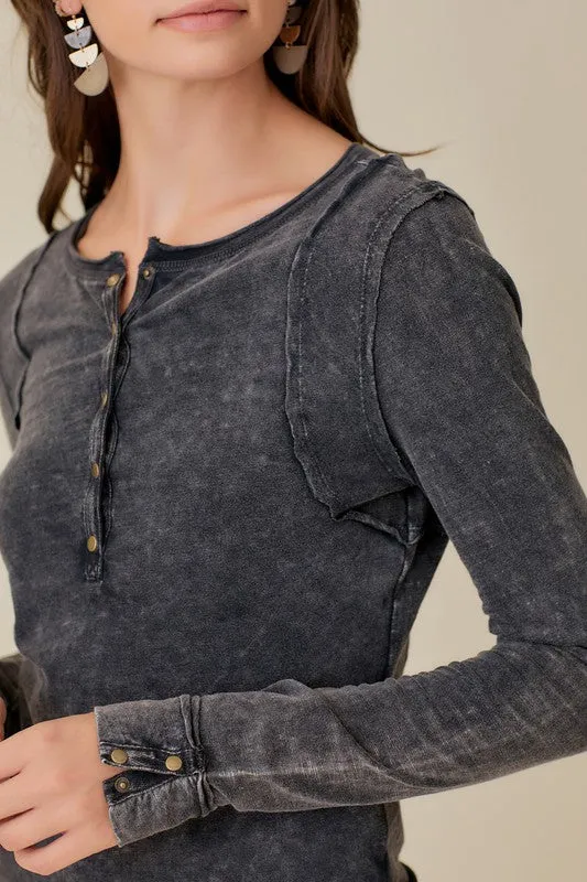 BUTTON UP FRONT RAW EDGE  HENLEY (Various Colors), Mustard Seed