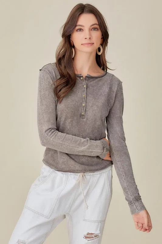 BUTTON UP FRONT RAW EDGE  HENLEY (Various Colors), Mustard Seed