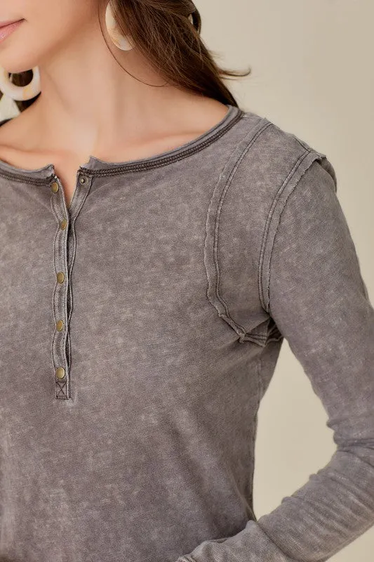 BUTTON UP FRONT RAW EDGE  HENLEY (Various Colors), Mustard Seed