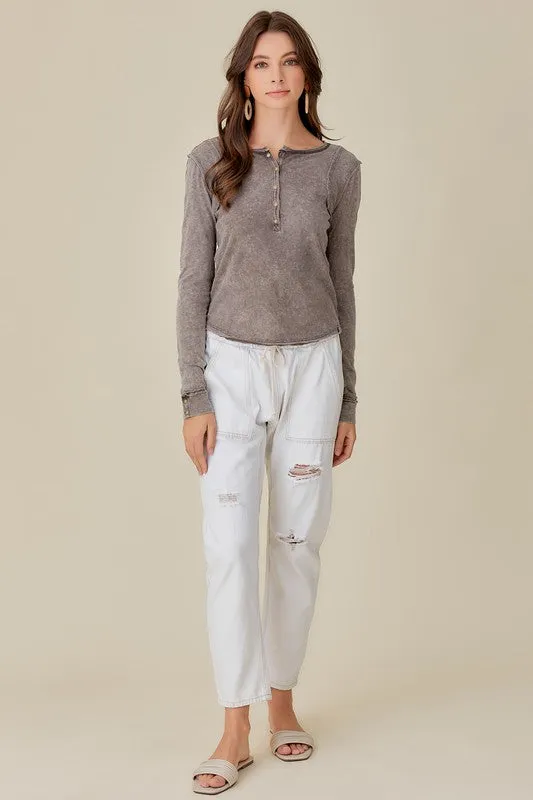 BUTTON UP FRONT RAW EDGE  HENLEY (Various Colors), Mustard Seed