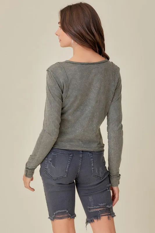 BUTTON UP FRONT RAW EDGE  HENLEY (Various Colors), Mustard Seed